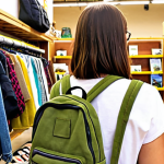 **Upcycled backpack made from recycled canvas, displayed in a bright, eco-friendly store. A passionate environmentalist customer is admiring it.** (Focus: Illustrates environmentally conscious customer and product)