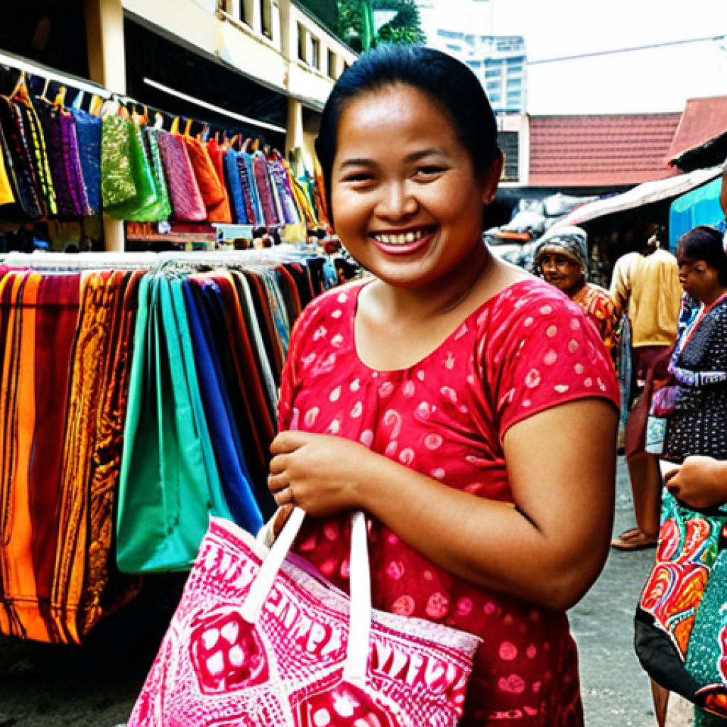 **Image Prompt:** A vibrant market scene in Kuala Lumpur. A friendly vendor smiles as she displays colourful, upcycled tote bags made from old batik fabrics. Shoppers browse, admiring the unique designs. Focus on the textures of the batik and the bustling atmosphere.