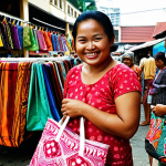 **Image Prompt:** A vibrant market scene in Kuala Lumpur. A friendly vendor smiles as she displays colourful, upcycled tote bags made from old batik fabrics. Shoppers browse, admiring the unique designs. Focus on the textures of the batik and the bustling atmosphere.