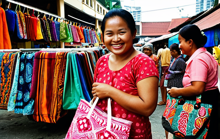 **Image Prompt:** A vibrant market scene in Kuala Lumpur. A friendly vendor smiles as she displays colourful, upcycled tote bags made from old batik fabrics. Shoppers browse, admiring the unique designs. Focus on the textures of the batik and the bustling atmosphere.