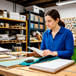 A focused upcycling entrepreneur, fully clothed in modest workshop attire, stands amidst a bustling yet creative upcycling studio. Various raw materials like fabric scraps, wood offcuts, and glass bottles are organized in piles, with papers and open notebooks on a workbench, depicting manual inventory management. The scene captures the essence of a small, growing business with a hint of organizational challenge. Appropriate content, safe for work, professional photography, high quality, perfect anatomy, correct proportions, natural pose, well-formed hands, proper finger count, natural body proportions, family-friendly.