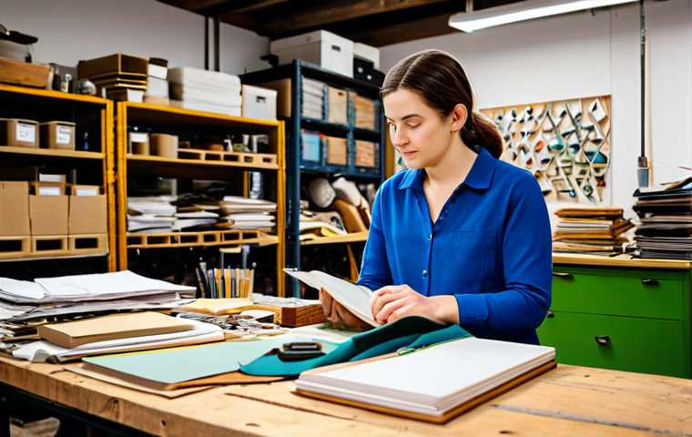 A focused upcycling entrepreneur, fully clothed in modest workshop attire, stands amidst a bustling yet creative upcycling studio. Various raw materials like fabric scraps, wood offcuts, and glass bottles are organized in piles, with papers and open notebooks on a workbench, depicting manual inventory management. The scene captures the essence of a small, growing business with a hint of organizational challenge. Appropriate content, safe for work, professional photography, high quality, perfect anatomy, correct proportions, natural pose, well-formed hands, proper finger count, natural body proportions, family-friendly.