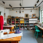 **

"A bright and airy upcycling workshop filled with colorful textiles and sewing machines, fully clothed artisans creatively repurposing fabric scraps, appropriate attire, safe for work, perfect anatomy, natural proportions, professional setting, high quality."

**