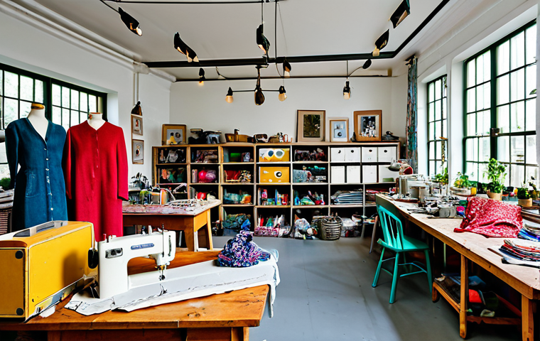 **
"A bright and airy upcycling workshop filled with colorful textiles and sewing machines, fully clothed artisans creatively repurposing fabric scraps, appropriate attire, safe for work, perfect anatomy, natural proportions, professional setting, high quality."
**